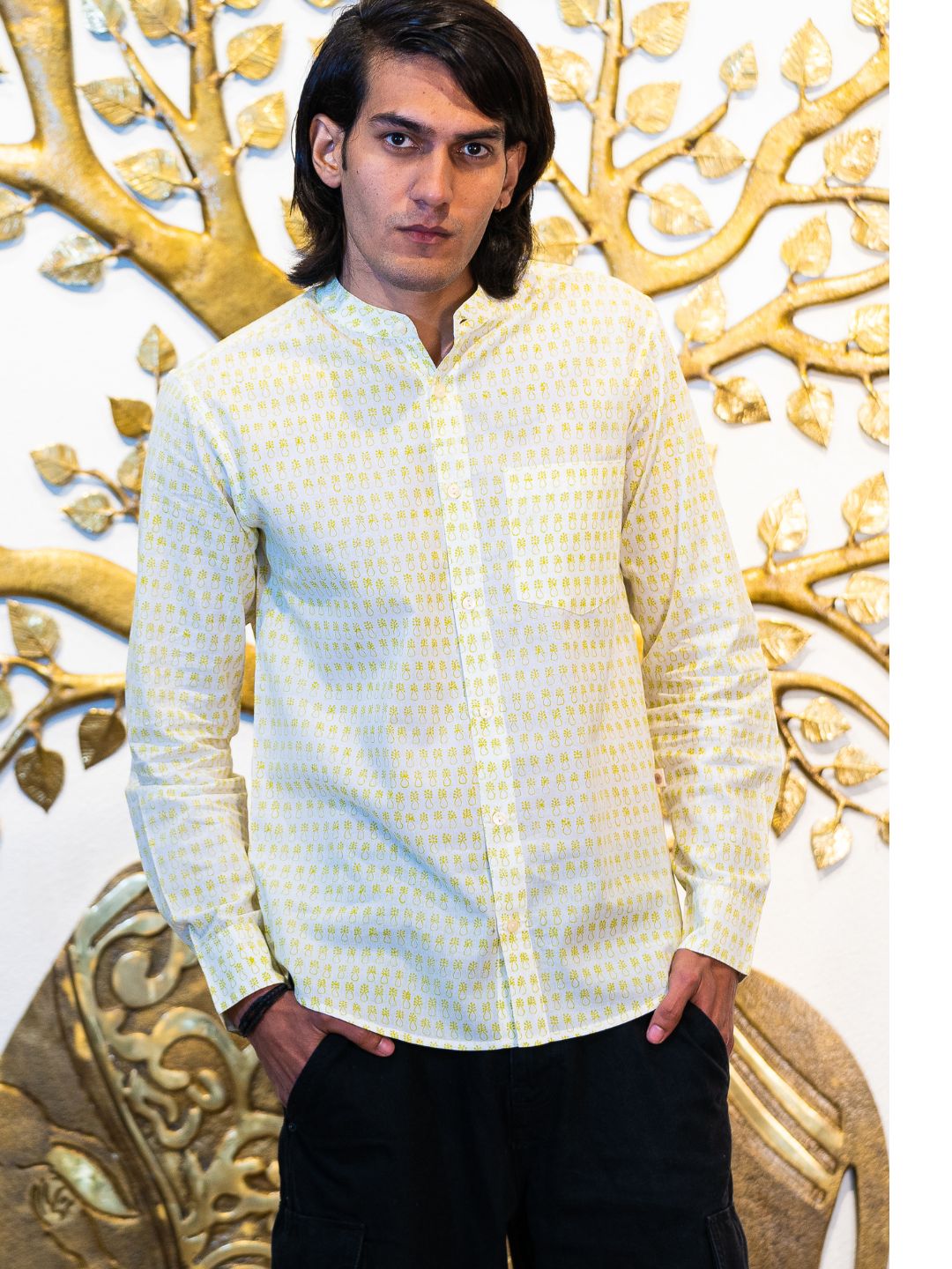 Full Sleeve Indian Hand Block Print Shirt Golden Dot Print Mandarin Shirt 100% Cotton Fabric