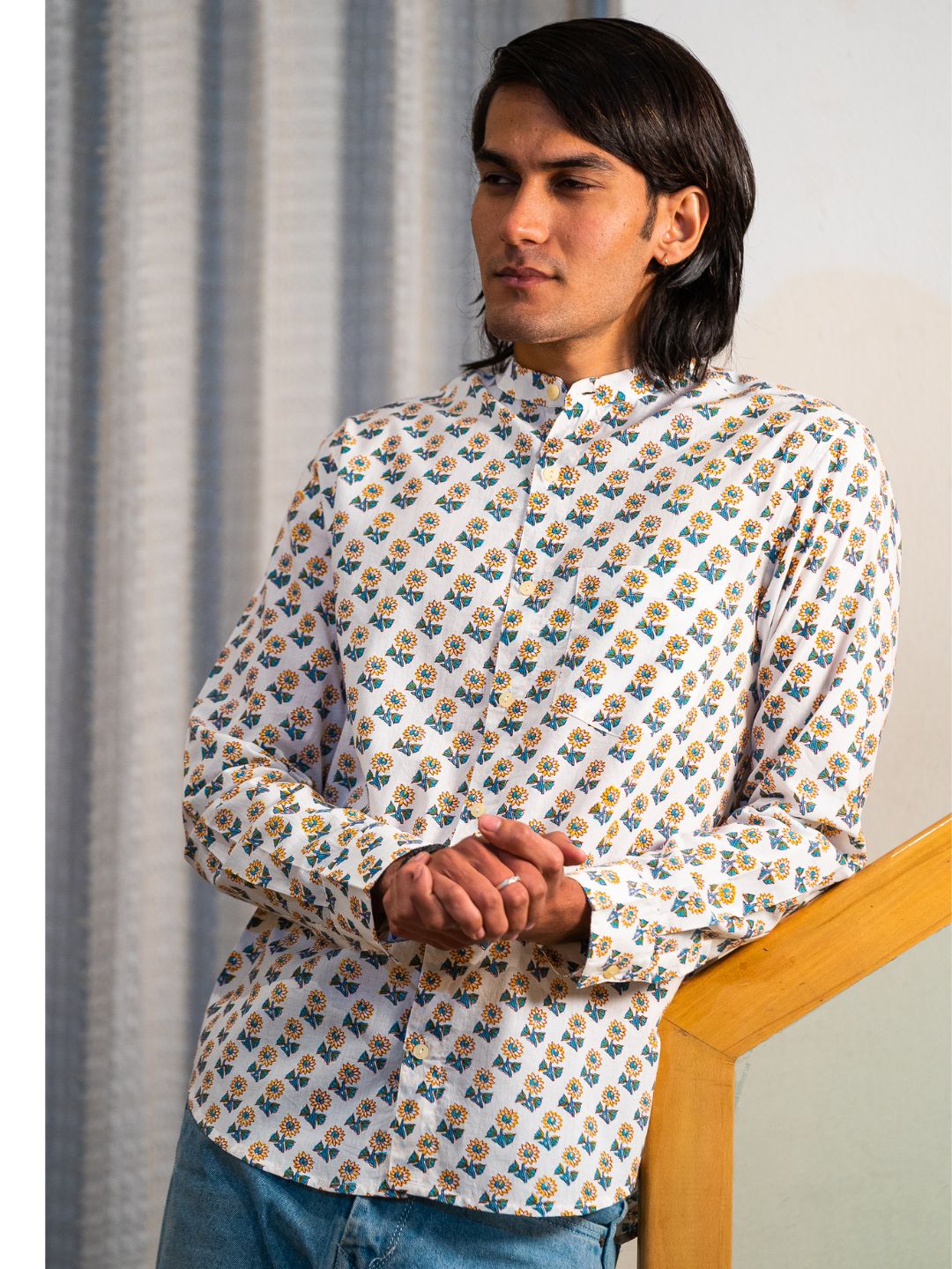 Full Sleeve Indian Hand Block Print Shirt Sunflower Buti Print Mandarin Collar Shirt 100% Cotton Fabric