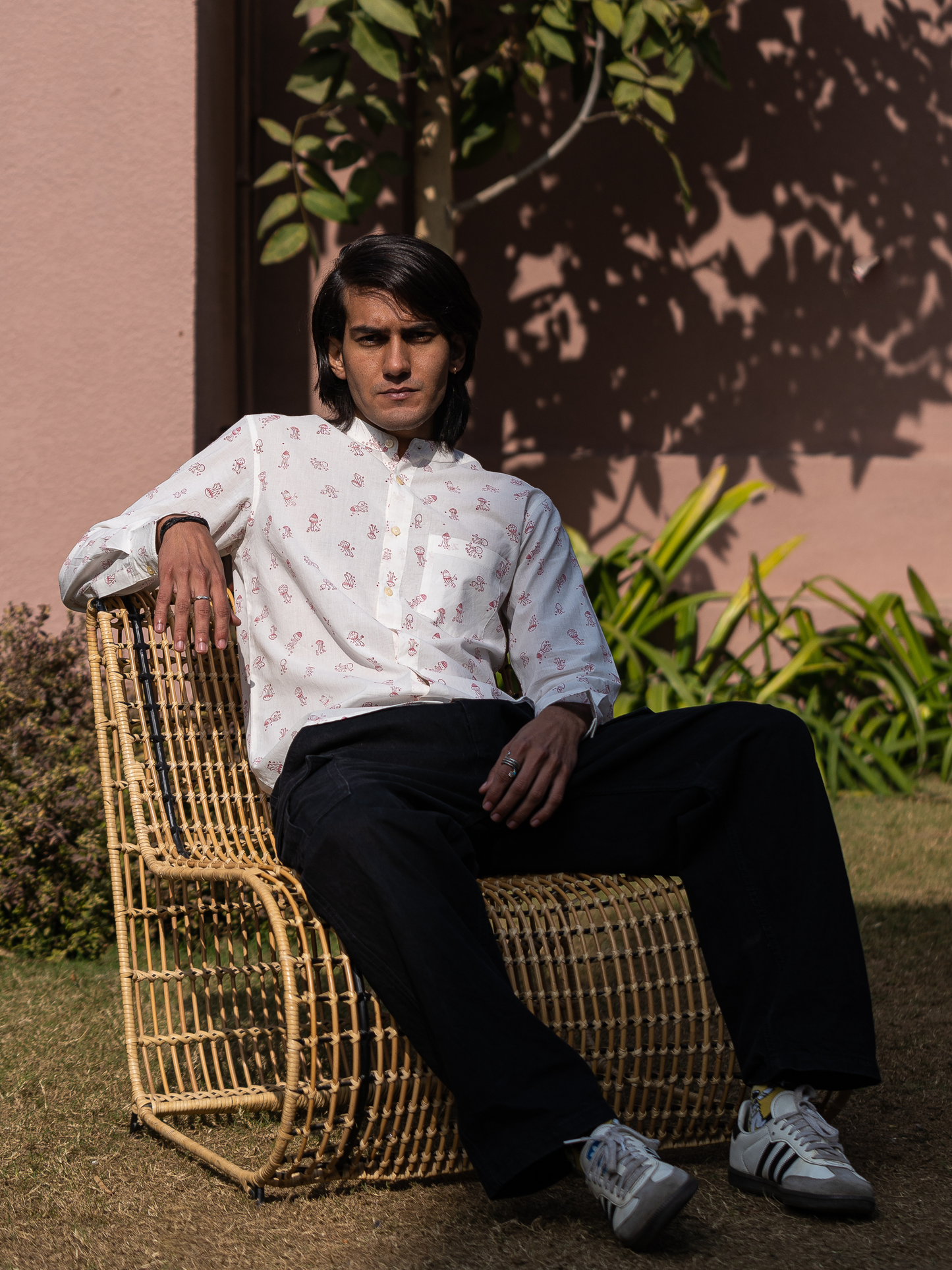 Full Sleeve Indian Hand Block Print Shirt White Printed Mandarin Collar Bloom Shirt 100% Cotton Fabric