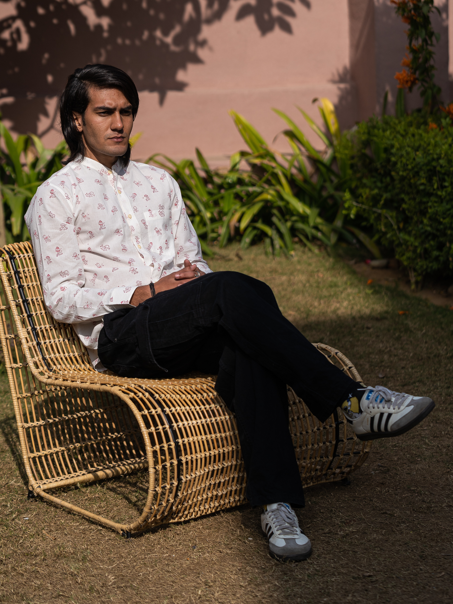 Full Sleeve Indian Hand Block Print Shirt White Printed Mandarin Collar Bloom Shirt 100% Cotton Fabric