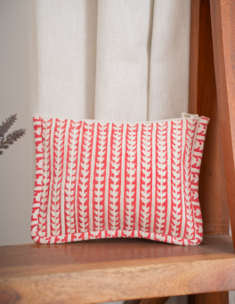 Coral Red Leafy Linear Print Frame Pouch Cotton Hand Block Printed