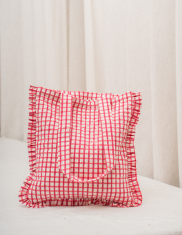 Red Windowpane Plaid Ruffle Tote Bag