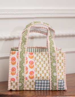 Botanical Patchwork Print Mosaic Tile Bag Cotton Hand Block Printed Tote Bag
