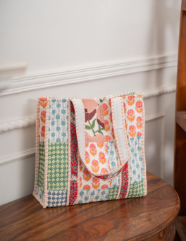 Vintage Garden Block Print Mosaic Tile Bag Cotton Hand Block Printed Tote Bag