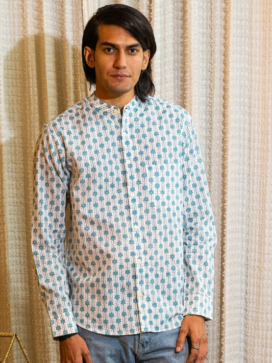 Full Sleeve Indian Hand Block Print Shirt Azure Geometric Buti Print Mandarin Shirt 100% Cotton Fabric