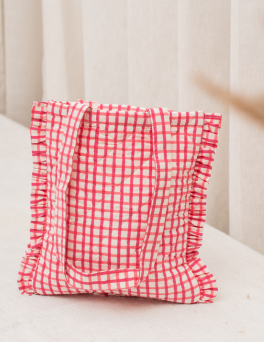 Red Windowpane Plaid Ruffle Tote Bag