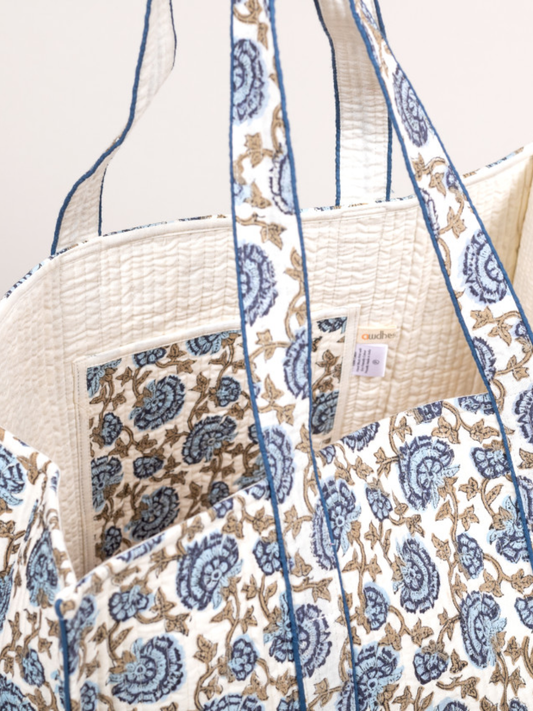 Cotton Hand Bag, Azure Heritage Quilted Tote Bags, Women hand bags, Tote bags for Girls, Fashion Tote bags, Printed Tote Bags