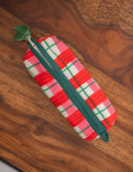 Classic Red & Green Plaid Check Print Pencil Pouch Cotton Hand Block Printed