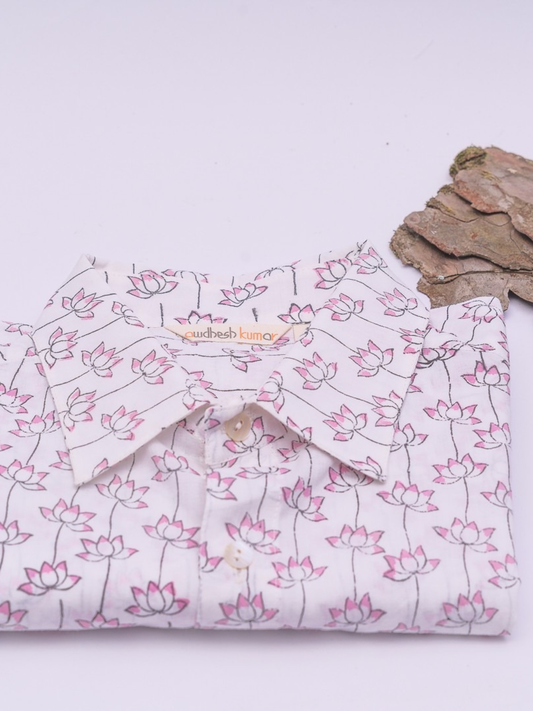 half sleeve Indian Sacred Lotus Pastel Print Shirt handmade Design Shirt 100% Cotton Fabric