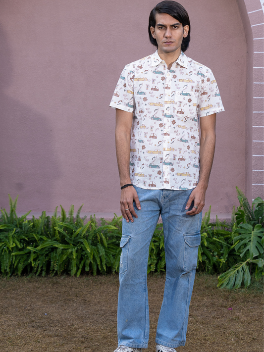 half sleeve Indian Hand Block Print Shirt Jaipur Vintage Ride Print Shirt 100% Cotton Fabric