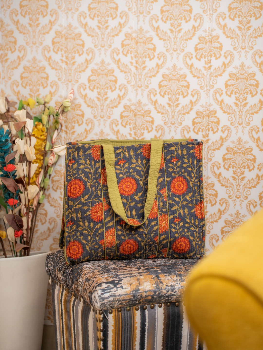 Awdhesh Kumar Chrysanthemum Garden Motif Cotton Hand Block Printed Tote Bag for Women