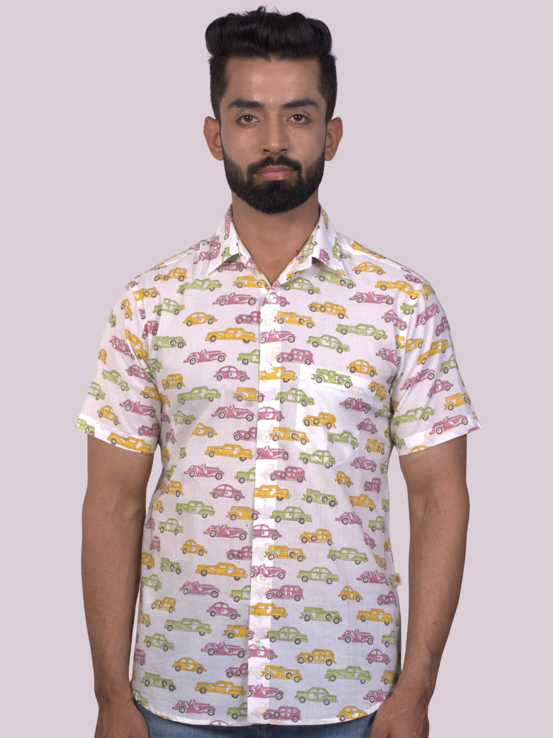 half sleeve Indian Hand Block Print Shirt Vintage Car Design Shirt 100% Cotton Fabric