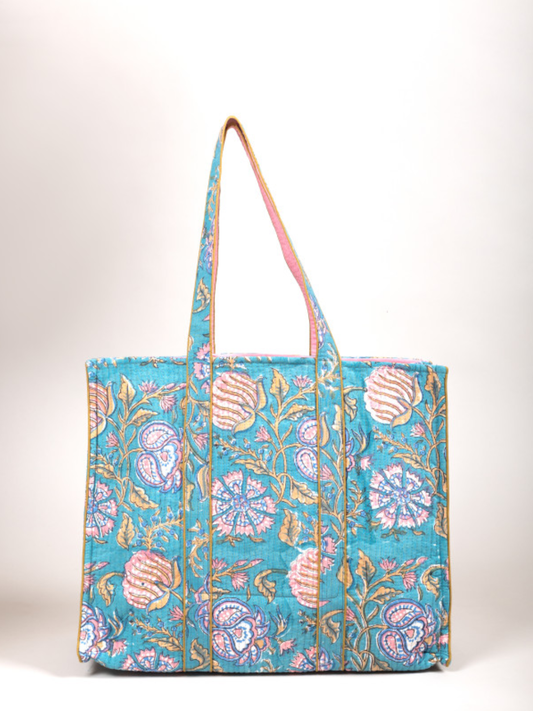 Awdhesh Kumar Aqua Royale Floral Cotton Hand Block Printed Tote Bag for Women