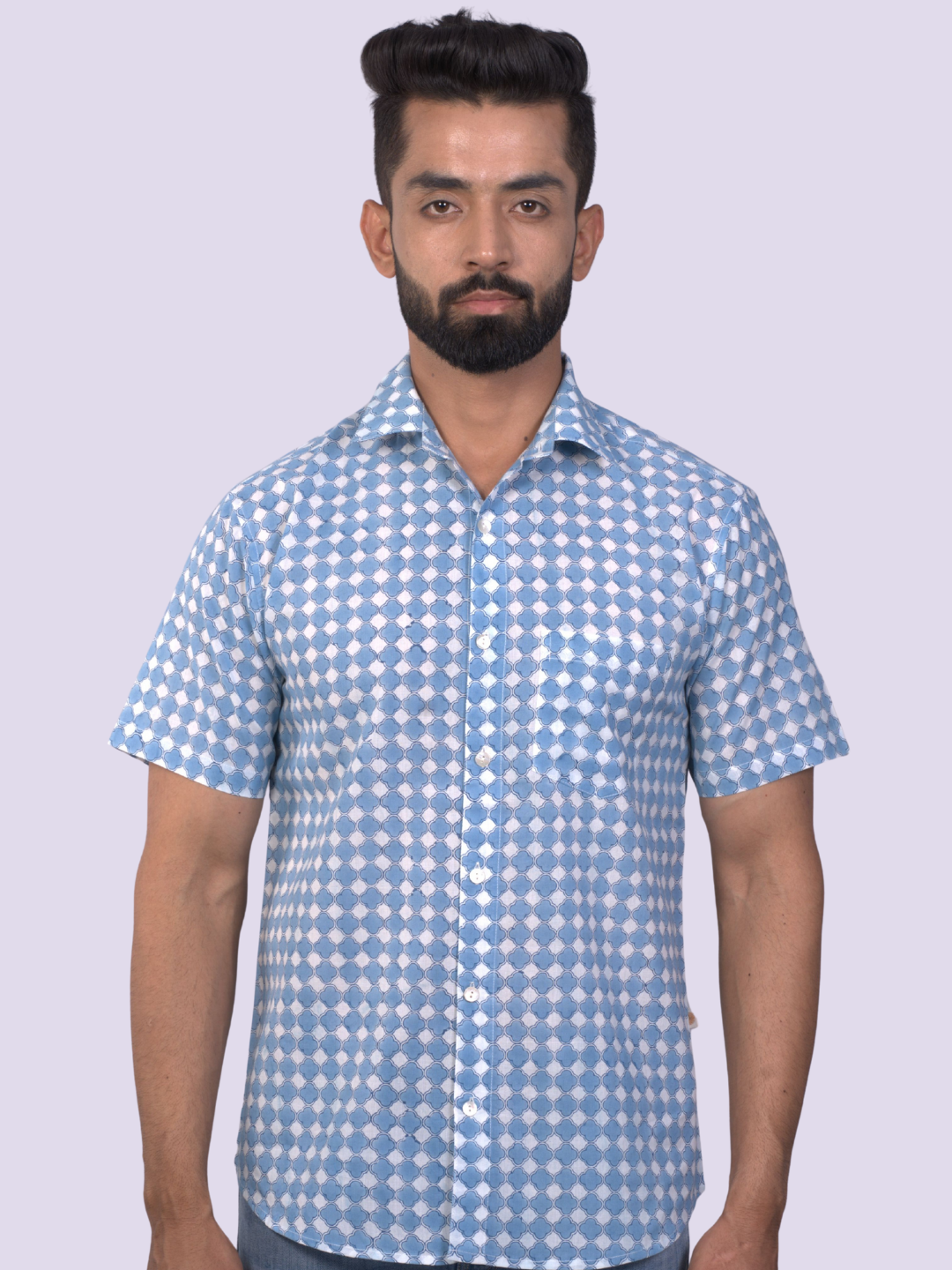 half sleeve Indian Hand Block Print Shirt Gud Jail Cornflower Blue Design Shirt 100% Cotton Fabric