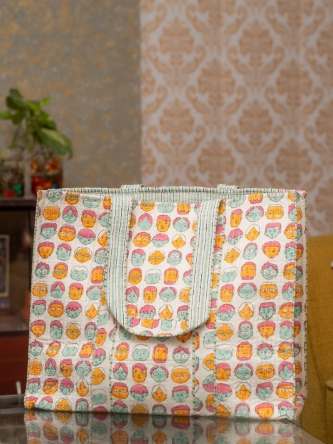 Awdhesh Kumar Pastel Character Pop Cotton Hand Block Printed Tote Bag for Women