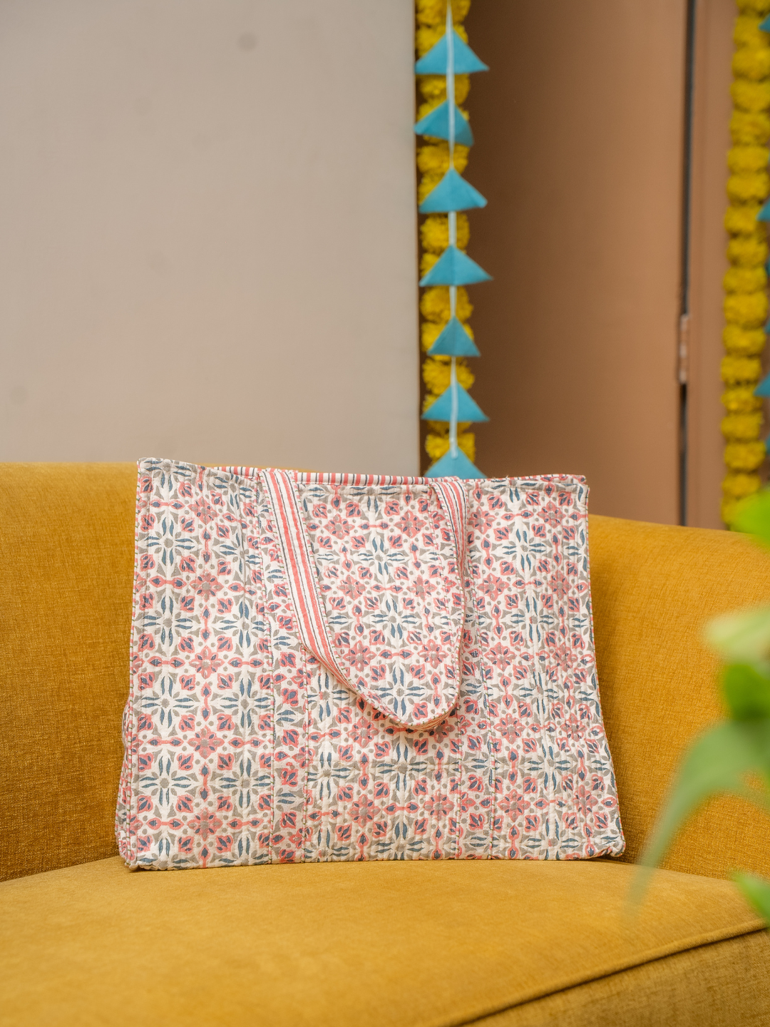 Awdhesh Kumar Star Blossom Motif Cotton Hand Block Printed Tote Bag for Women