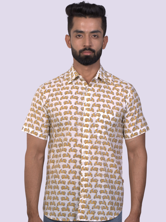 half sleeve Indian Hand Block Print Shirt Scooter Vespa Yellow Design Design Shirt 100% Cotton Fabric