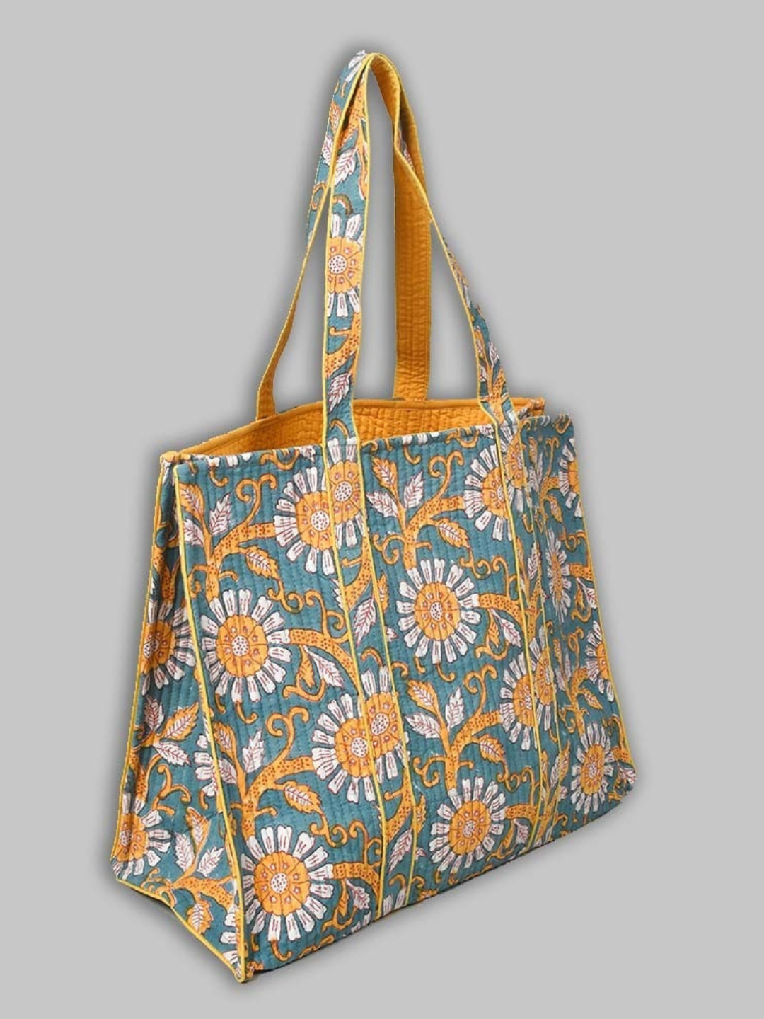 Cotton Hand Bag, Teal Marigold Heritage Tote Bags, Women hand bags, Tote bags for Girls, Fashion Tote bags, Printed Tote Bags