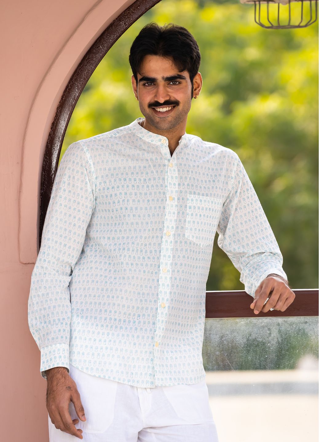 Full Sleeve Indian Hand Block Print Shirt  Elegant Mint Motif Cotton Kurta Shirt 100% Cotton Fabric