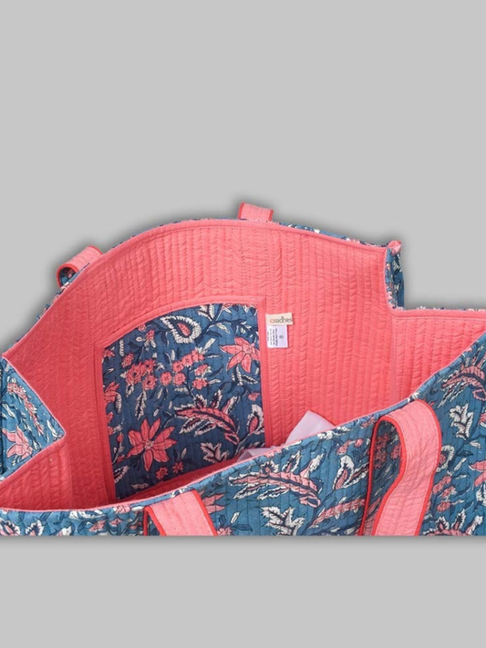 Cotton Hand Bag, Coral Bloom Quilted Tote Bags, Women hand bags, Tote bags for Girls, Fashion Tote bags, Printed Tote Bags