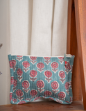 Teal Blue Rustic Floral Block Print Frame Pouch
