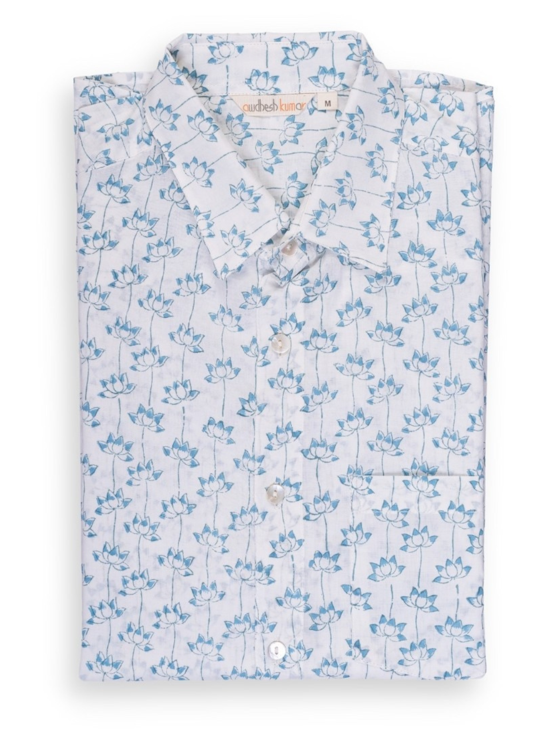 Short Sleeve Indian Blue Meadow Leaf Print Shirt Lotus Blue Design Shirt 100% Cotton Fabric