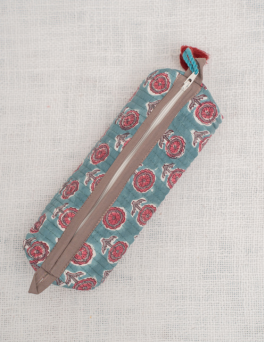 Heritage Teal Motif Print Pencil Pouch Cotton Hand Block Printed