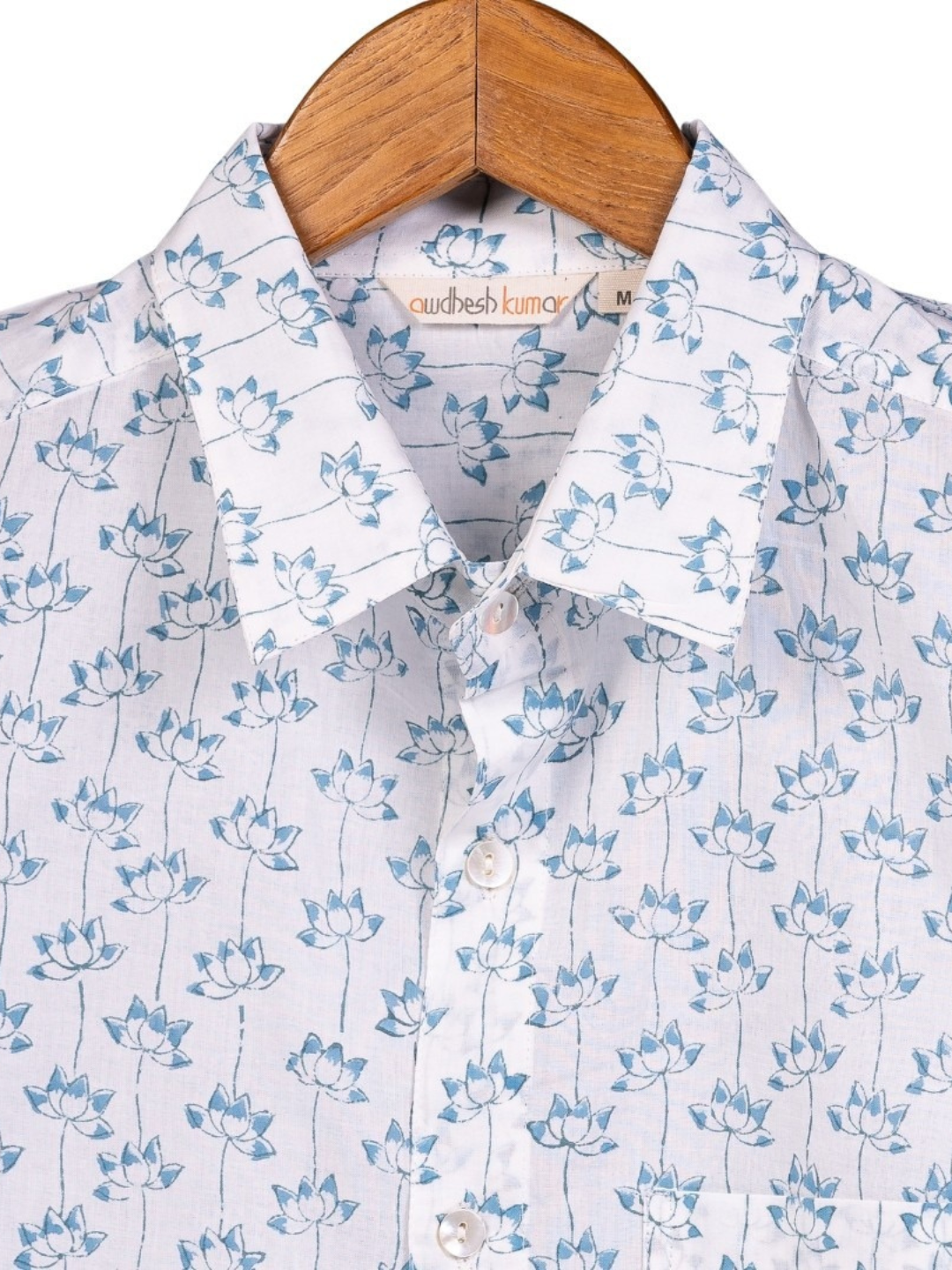 Short Sleeve Indian Blue Meadow Leaf Print Shirt Lotus Blue Design Shirt 100% Cotton Fabric