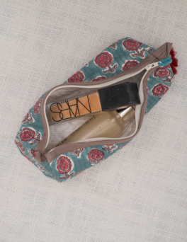 Heritage Teal Motif Print Pencil Pouch Cotton Hand Block Printed