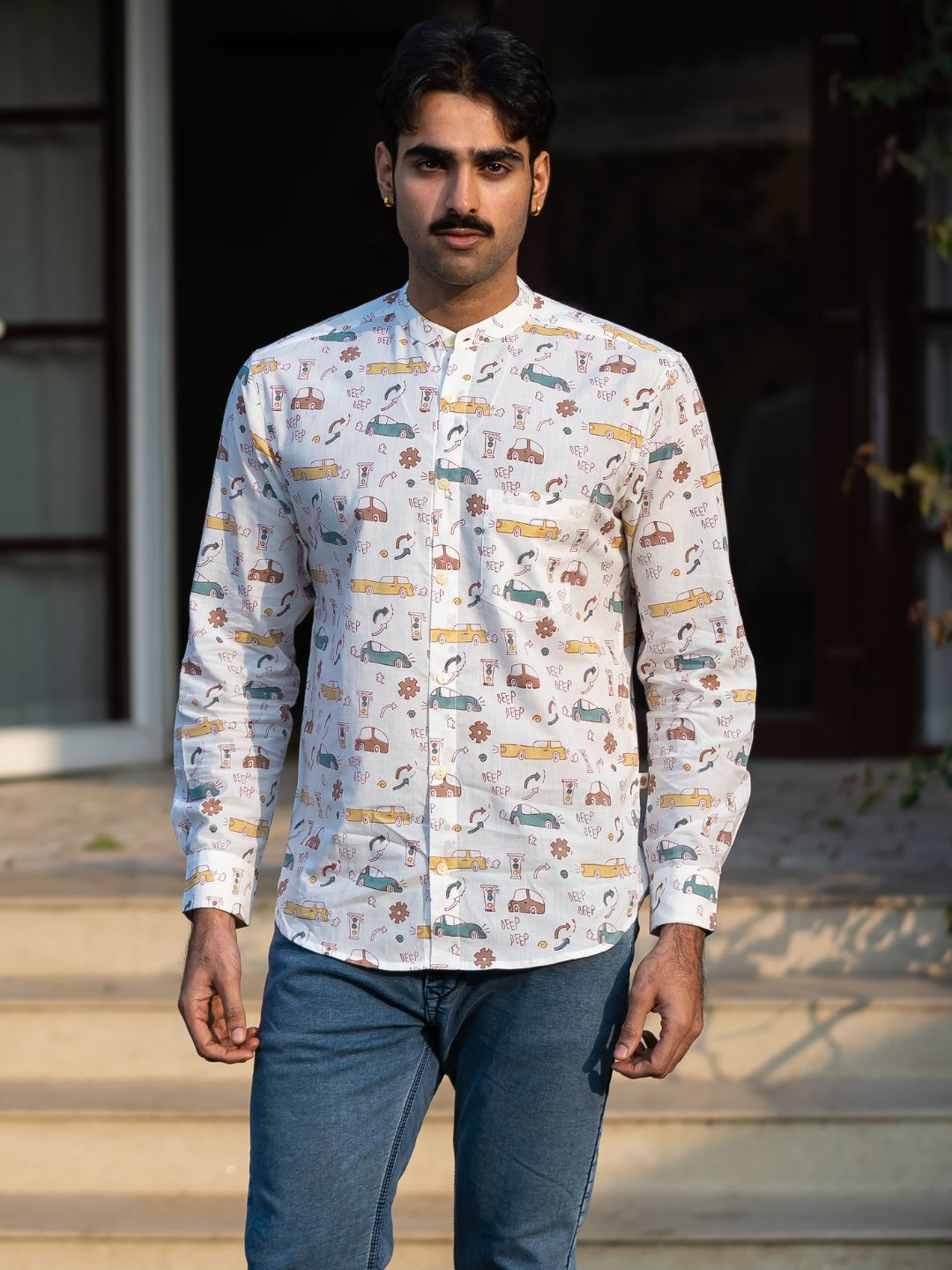 Full Sleeve Indian Hand Block Print Shirt Playful Ride Print  Cotton Kurta 100% Cotton Fabric
