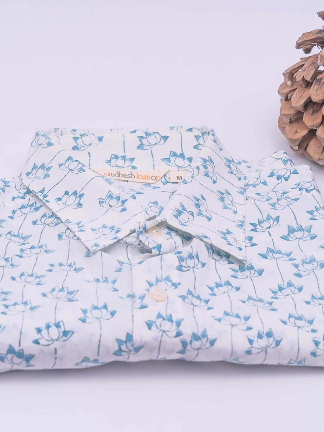 Short Sleeve Indian Blue Meadow Leaf Print Shirt Lotus Blue Design Shirt 100% Cotton Fabric