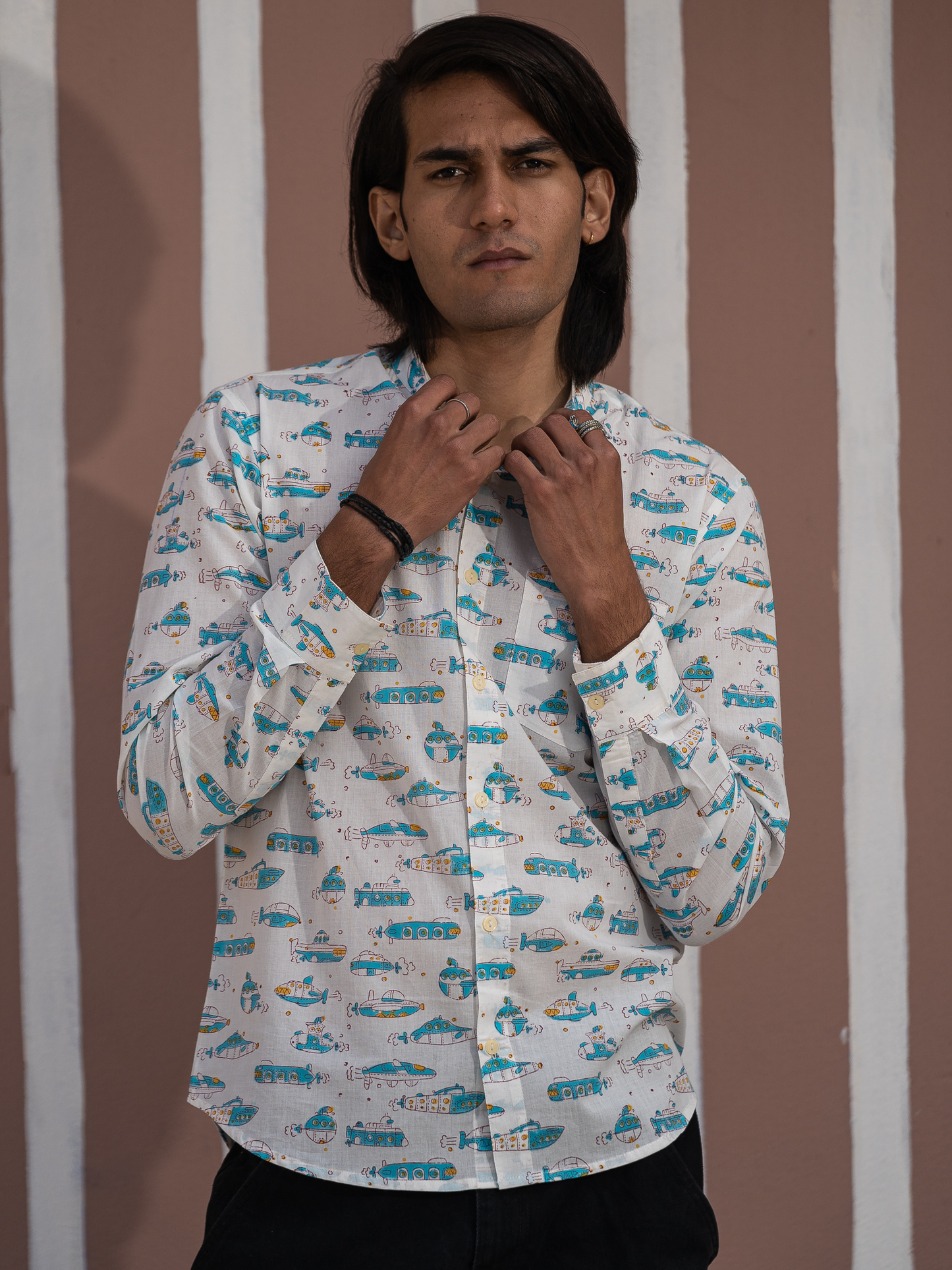 Full Sleeve Indian Hand Block Print Shirt White & Blue Printed Mandarin Collar Bloom Shirt 100% Cotton Fabric