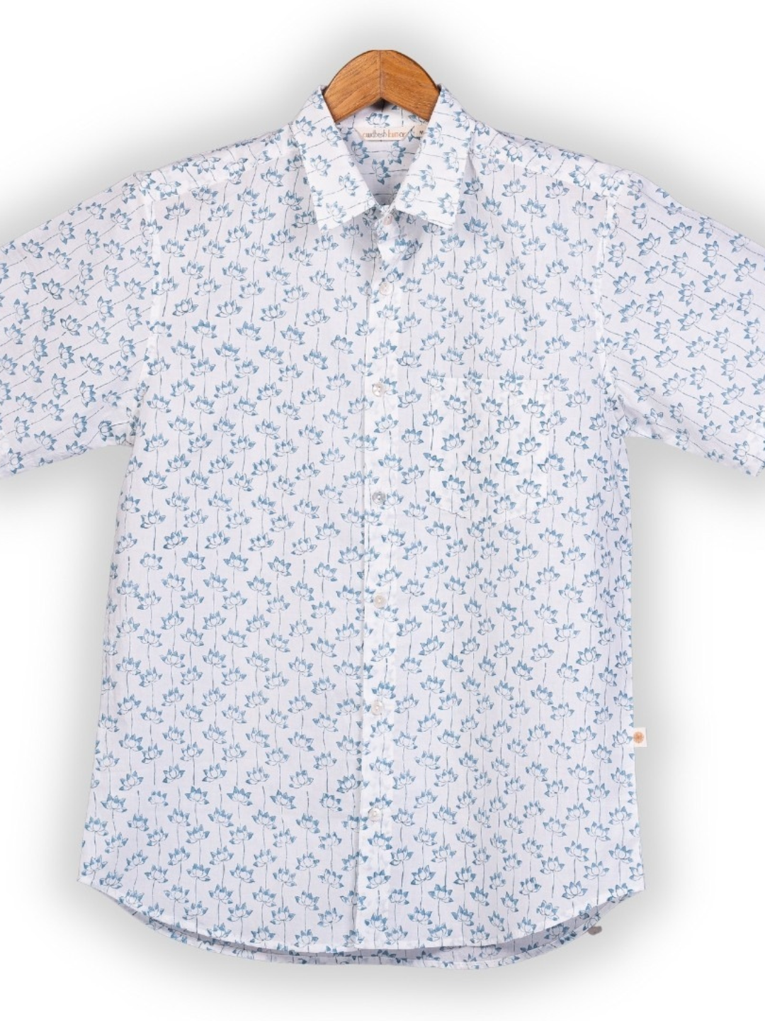 Short Sleeve Indian Blue Meadow Leaf Print Shirt Lotus Blue Design Shirt 100% Cotton Fabric