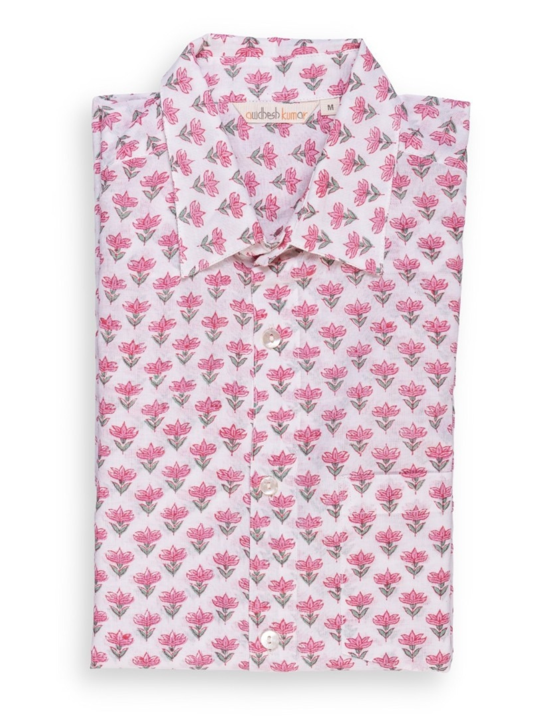 Short Sleeve Indian Pink Meadow Flower Print Shirt Pink Buti Small Design Shirt 100% Cotton Fabric