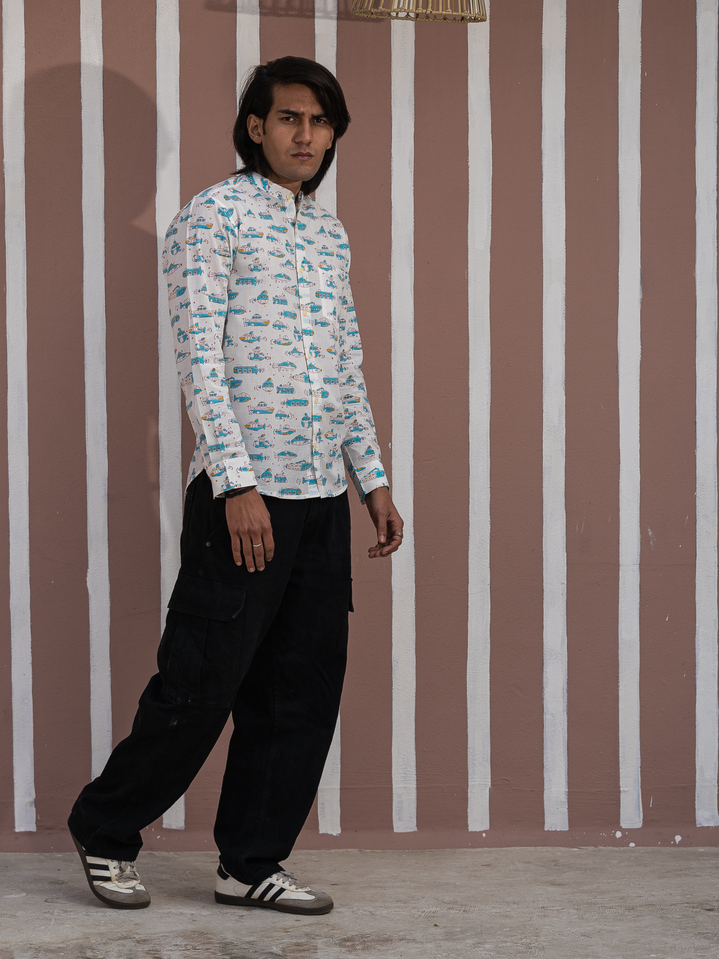 Full Sleeve Indian Hand Block Print Shirt White & Blue Printed Mandarin Collar Bloom Shirt 100% Cotton Fabric