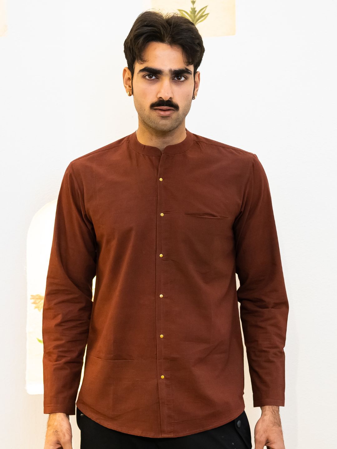 Full Sleeve Indian Classic Rust Brown Mandarin Collar Shirt for Men