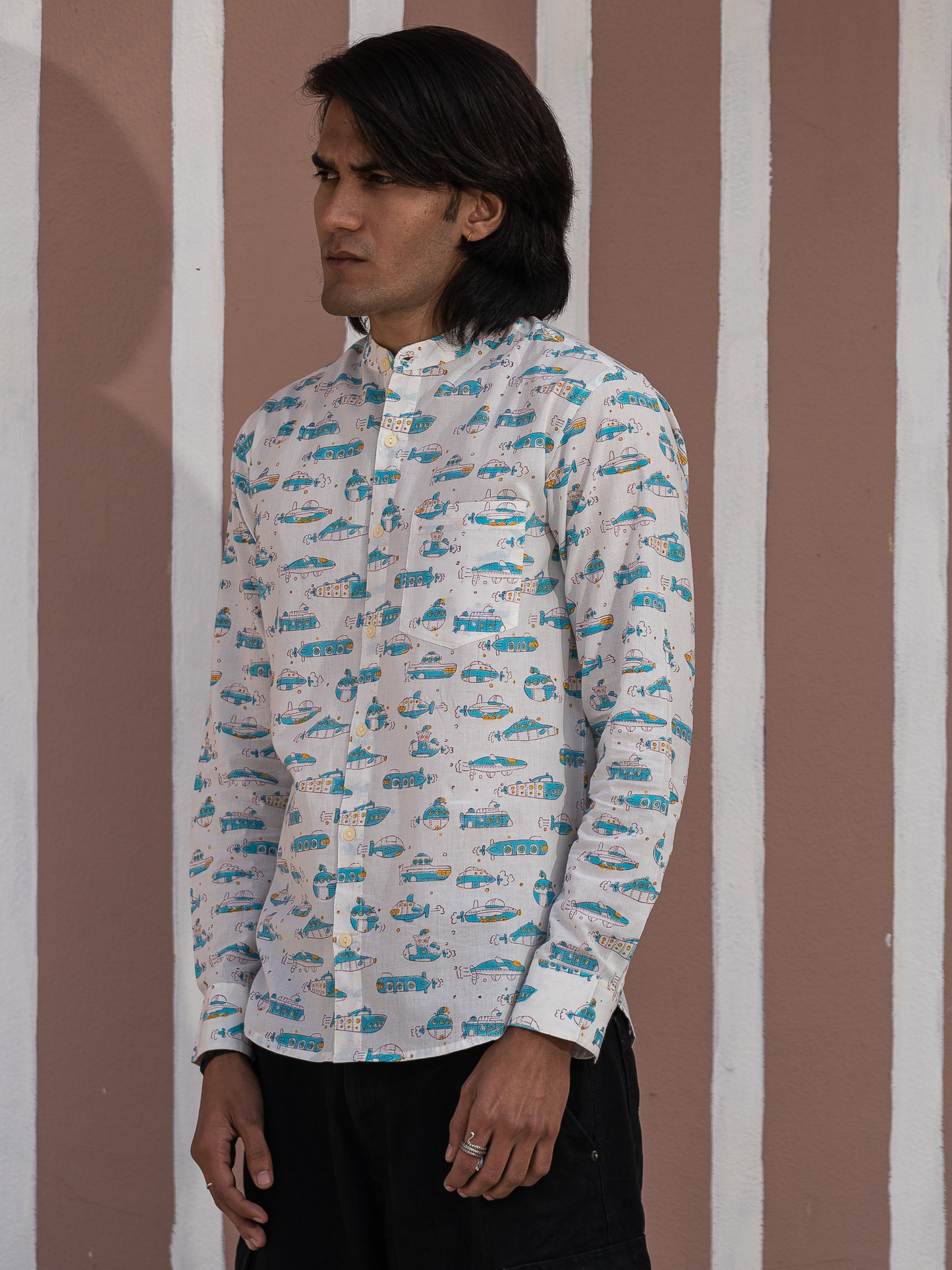 Full Sleeve Indian Hand Block Print Shirt White & Blue Printed Mandarin Collar Bloom Shirt 100% Cotton Fabric