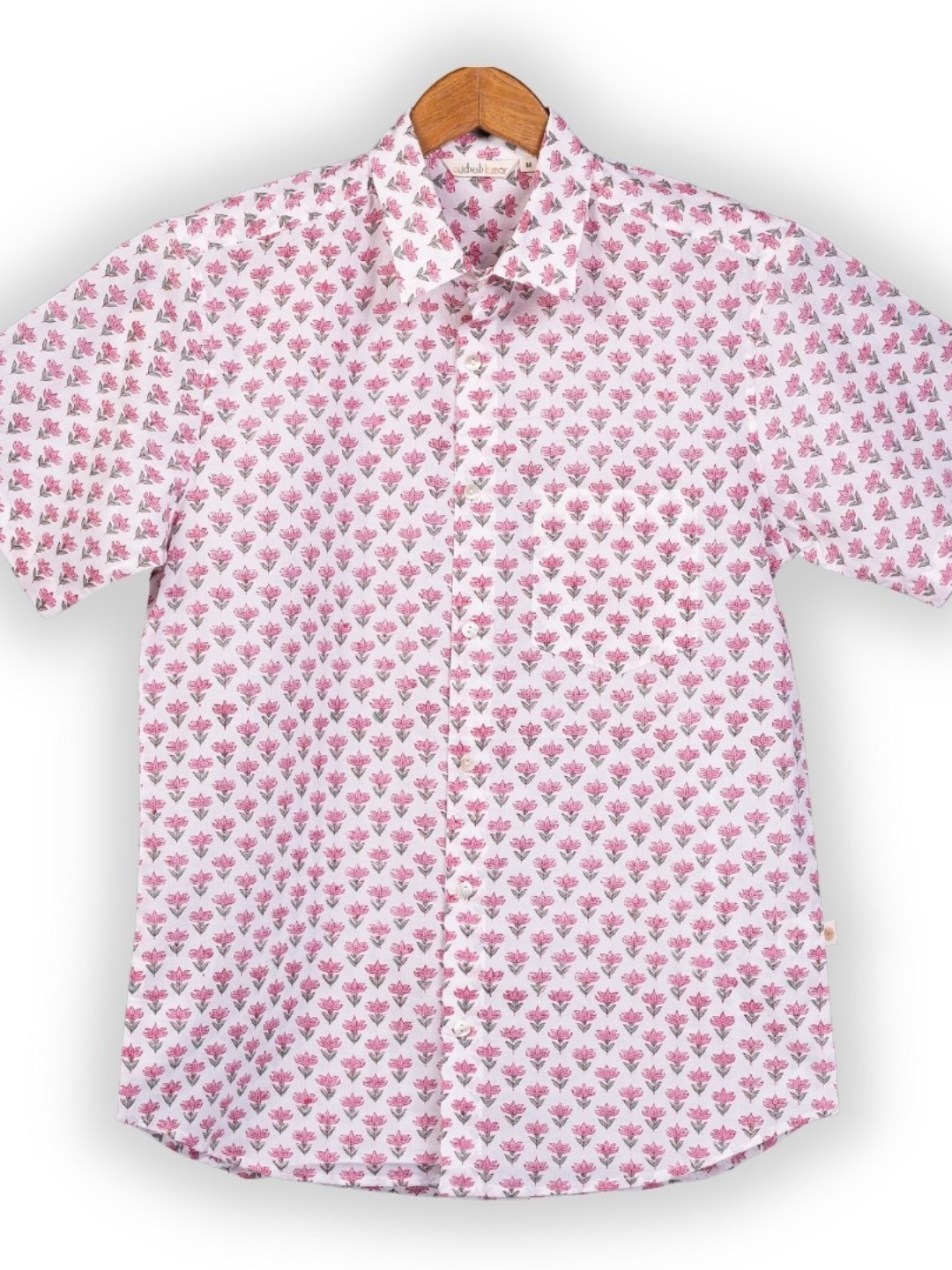 Short Sleeve Indian Pink Meadow Flower Print Shirt Pink Buti Small Design Shirt 100% Cotton Fabric