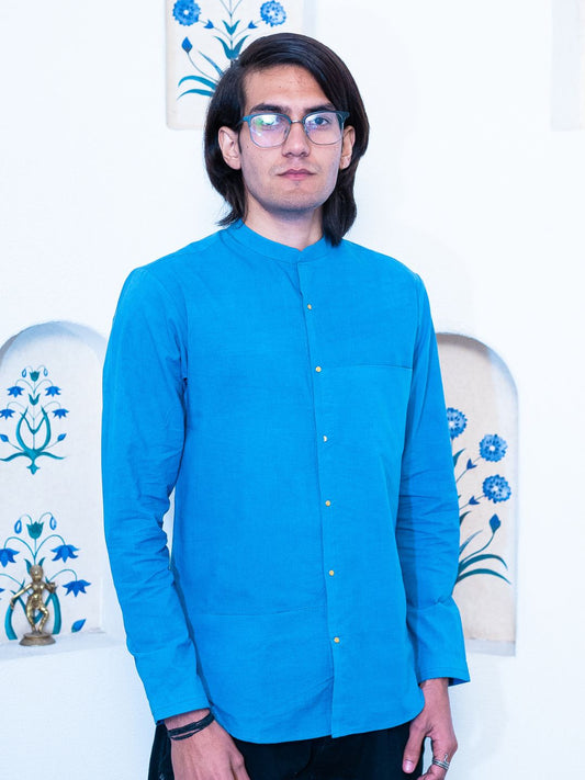 Full Sleeve Indian Classic Stylish Sky Blue Mandarin Collar Shirt for Men