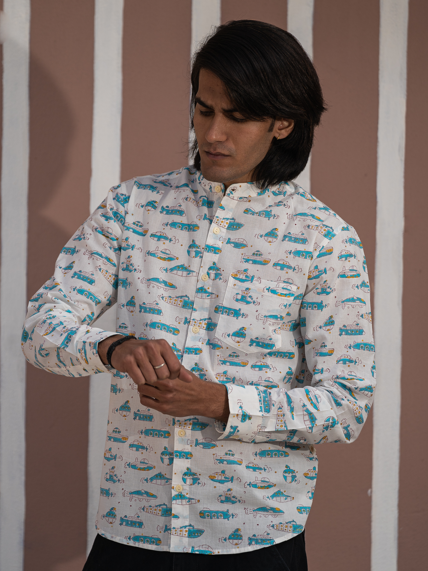 Full Sleeve Indian Hand Block Print Shirt White & Blue Printed Mandarin Collar Bloom Shirt 100% Cotton Fabric