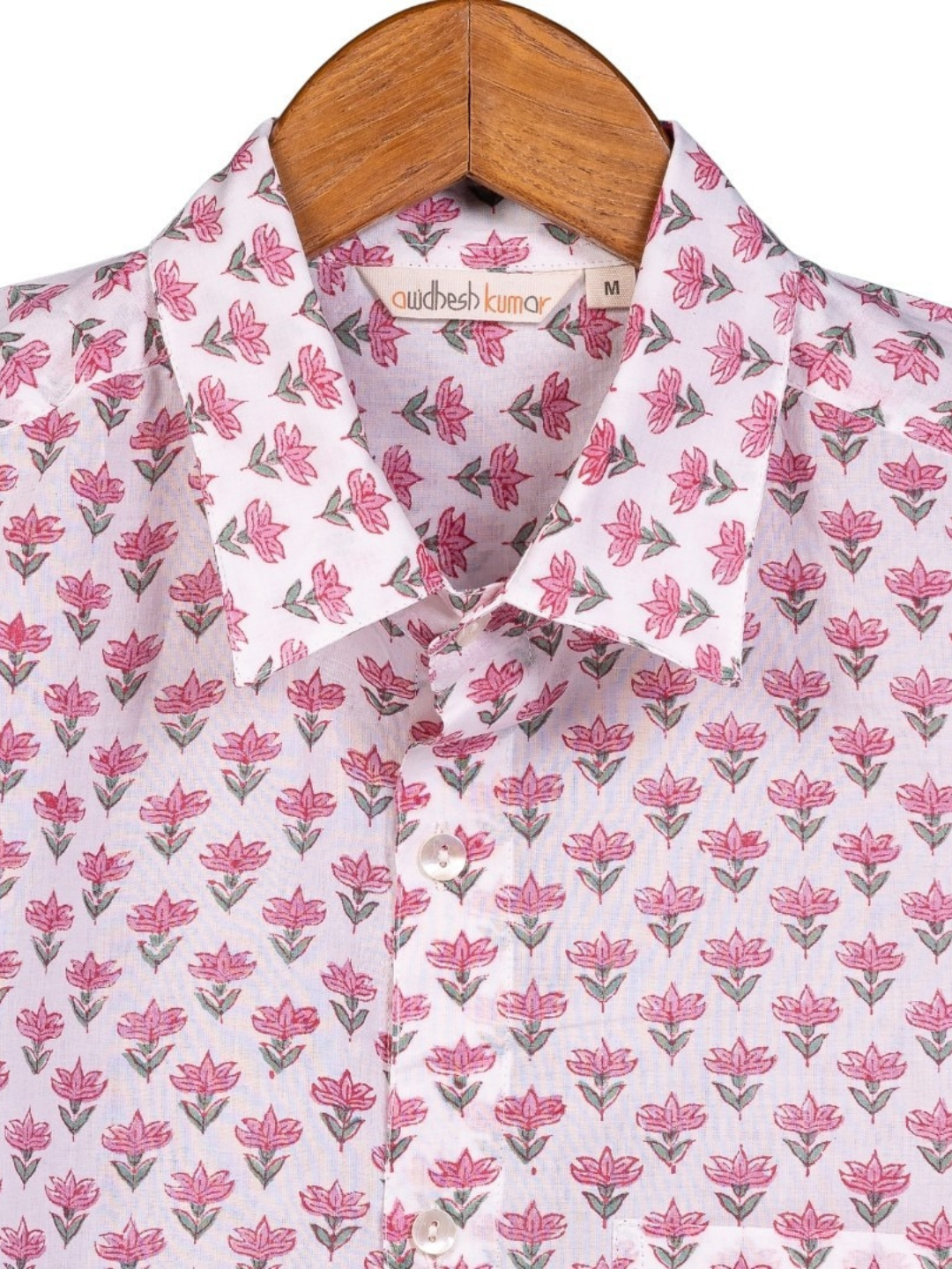 Short Sleeve Indian Pink Meadow Flower Print Shirt Pink Buti Small Design Shirt 100% Cotton Fabric