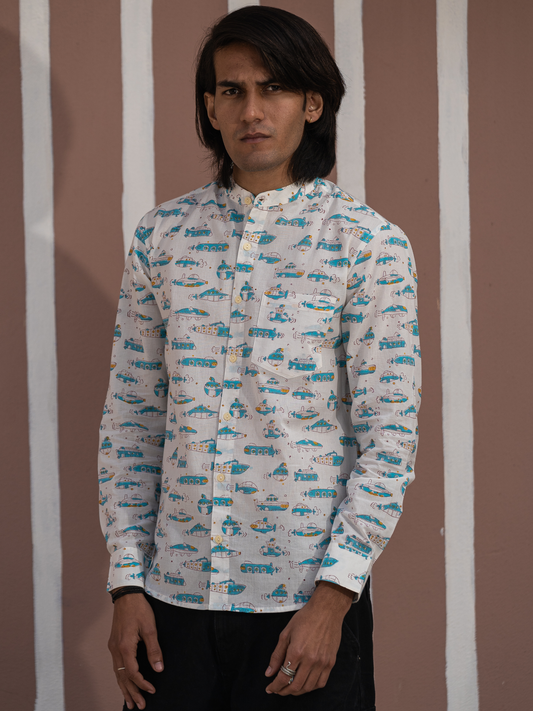 Full Sleeve Indian Hand Block Print Shirt White & Blue Printed Mandarin Collar Bloom Shirt 100% Cotton Fabric