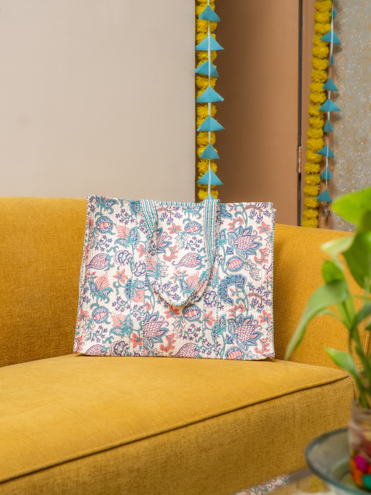 Awdhesh Kumar Botanical Paisley Cotton Hand Block Printed Tote Bag for Women