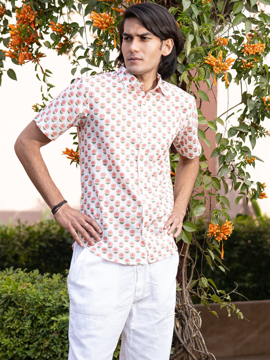 half sleeve Indian Hand Block Print Shirt Jaipur Soft Petal Pattern Shirt 100% Cotton Fabric
