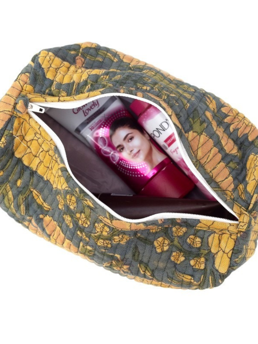 Awdhesh Kumar Vintage Autumn Floral Pouch Cotton Hand Block Printed Toiletry Bags for Women