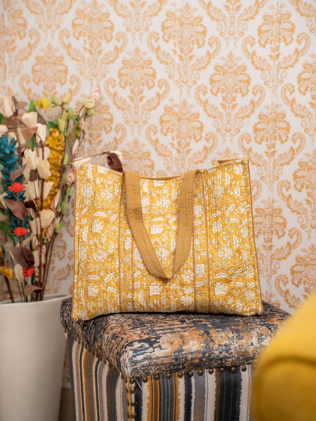 Awdhesh Kumar Sunflare Floral Carryall Cotton Hand Block Printed Tote Bag for Women