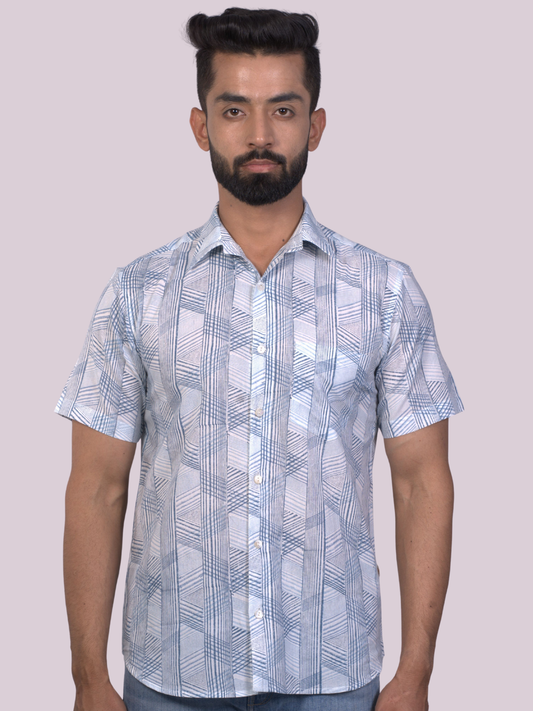 half sleeve Indian Hand Block Print Shirt Game of Line Blue Design Shirt 100% Cotton Fabric