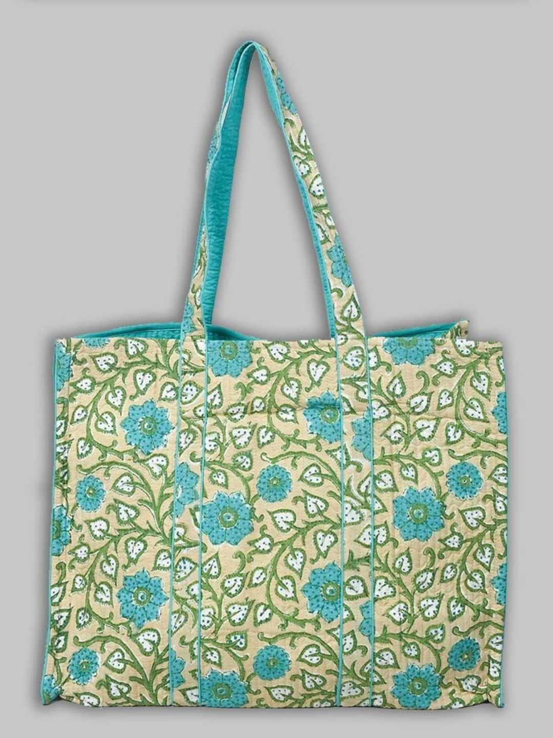 Awdhesh Kumar Botanical Aqua Bloom Cotton Hand Block Printed Tote Bag for Women