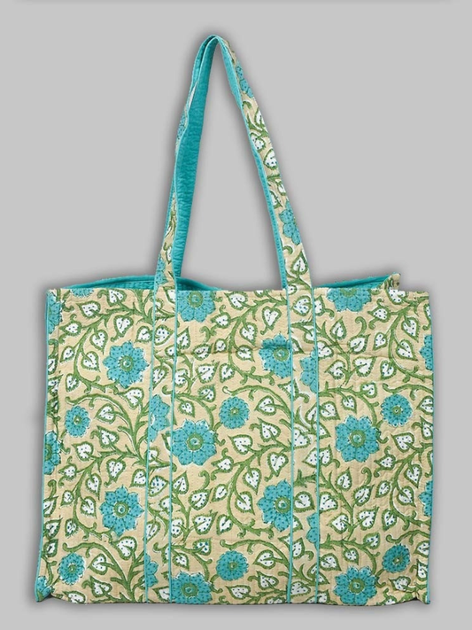 Awdhesh Kumar Botanical Aqua Bloom Cotton Hand Block Printed Tote Bag for Women