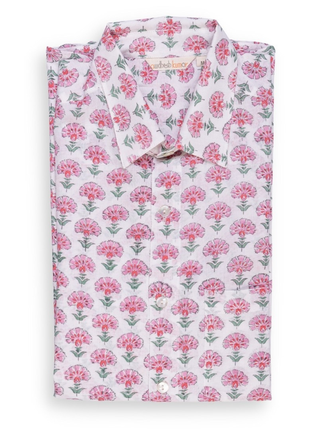 Short Sleeve Indian Pink Blossom Tree Print  Shirt Pink Buti Big Design Shirt 100% Cotton Fabric